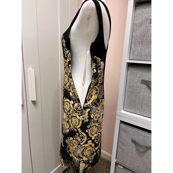 Black Mechanic Print Stretch Paneled Sheath Dress - Picture 3 of 9